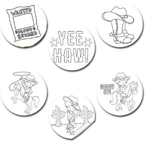 Color Your Own Wild West Cowboy Themed Birthday Party Favor Sticker Labels for Kids, 90 1.5" Party Circle Stickers by AmandaCreation, Great for Arts & Crafts, Envelope Seals, Goodie Bags & Treats