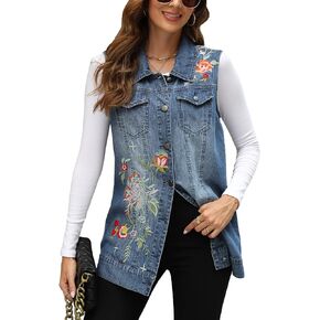 Higustar Women's Denim Embroidered Vest Spring Fall Casual Classic Button Sleeveless Jean Jacket for Women
