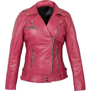 LP-FACON Womens Hot Pink Lambskin Real Leather Jacket - Motorcycle Style Brando Biker Genuine Leather Jacket
