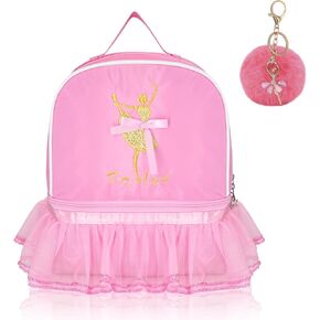 Dance Cute Backpack Ballet Bag Kits Tutu Dress Dance Bag, Girls Personalized Waterproof Bag with Key Chain Cute Plush hanging Pink ball