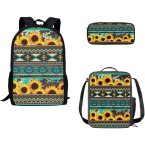 Turquoise Aztec Horse Backpack Set with Pencil Case Small Purse, Thermal Lunch Box Tote Insulated Cooler Lunch Bags, Teen 15" Rucksack Zip Lightweight Bookbag Schoobags 3 IN 1