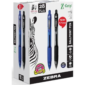 Zebra Pens Z Grip - 28 Pack Ink Pens, Retractable Ballpoint Z-grip Zebra Pens Fine Point 0.7 mm - 14 Black Pens & 14 Blue Writing Pens for School College Office & Home Use.