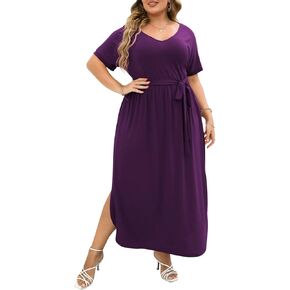 Nemidor Womens Casual Plus Size Tie Waist Slit Long Maxi Dress with Pockets NEM313