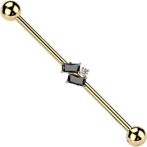 14 Gauge 316L Surgical Steel Industrial Barbell With Double Slanted Baguette and Round CZ
