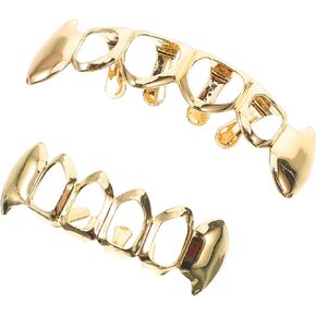 VALICLUD Gold Plated Hip Hop Teeth Grill-z Punk Custom Teeth Grill-z Caps Top and Bottom Grill Set Vampire Hip Hop Mouth Grills For Halloween Night Party