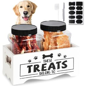 Dog Treat Container, Wooden Cat Food Container Storage with 3 Jars, Food Storage Organizer for Dog and Cat, Black Wooden Pet Treat Container, Great Gift for Pet Lover