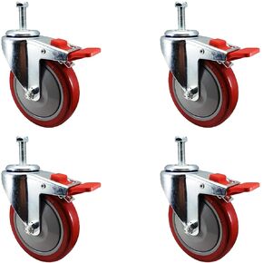5 Inch Total Lock Caster - Red Polyurethane Wheel - 1/2"-13 x 1.5" Threaded Stem Set of 4