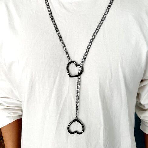 القلب O-حلقة زلة سلسلة قلادة، الشرير الصخرة الكوبية قلادة طويلة مجوهرات للنساء، قابل للتعديل الوهق الفولاذ المقاوم للصدأ Y-قلادة الرجال حجم 24 و 28 و 32 و 36 in Kuwait