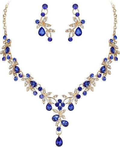 Crysdue Wedding Bridal Jewelry Set for Women, Teardrop Crystal Leaf Cluster Statement Necklace Chandelier Dangle Earrings Costume Jewelry for Prom Party Blue Gold-Tone in Saudi Arabia