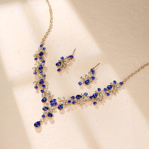 Crysdue Wedding Bridal Jewelry Set for Women, Teardrop Crystal Leaf Cluster Statement Necklace Chandelier Dangle Earrings Costume Jewelry for Prom Party Blue Gold-Tone in Saudi Arabia