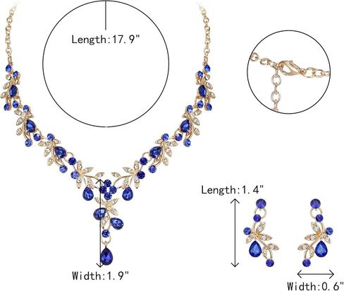 Crysdue Wedding Bridal Jewelry Set for Women, Teardrop Crystal Leaf Cluster Statement Necklace Chandelier Dangle Earrings Costume Jewelry for Prom Party Blue Gold-Tone in Saudi Arabia