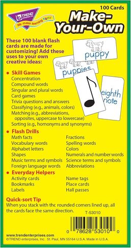TREND ENTERPRISES: Make-Your-Own Skill Drill Flash Cards, Create, Customize, Test, Versatile & Durable, Make Flash Cards & Games, 100 Blank Cards Included, Ages 3 and Up in Saudi Arabia