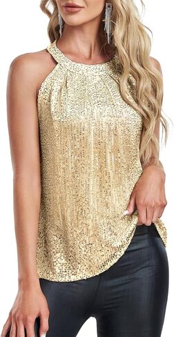 Komorebi Sequin Tops for Women Sleeveless Halter Tops Dressy Sparkle Cocktail Vest Tank Top Glitter Party Shirts in Kuwait