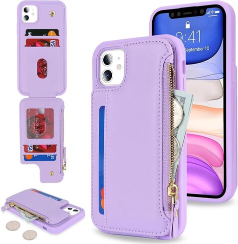حافظة Cavor لهاتف iPhone 12 مع حامل بطاقة، حافظة محفظة iPhone 12 للنساء والرجال، حافظة هاتف iPhone 12 Pro مع محفظة، مشبك مغناطيسي جلدي بسحاب وفتحات لبطاقات الجيب - أرجواني in Kuwait