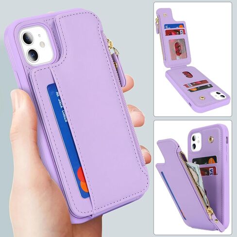 حافظة Cavor لهاتف iPhone 12 مع حامل بطاقة، حافظة محفظة iPhone 12 للنساء والرجال، حافظة هاتف iPhone 12 Pro مع محفظة، مشبك مغناطيسي جلدي بسحاب وفتحات لبطاقات الجيب - أرجواني in Kuwait