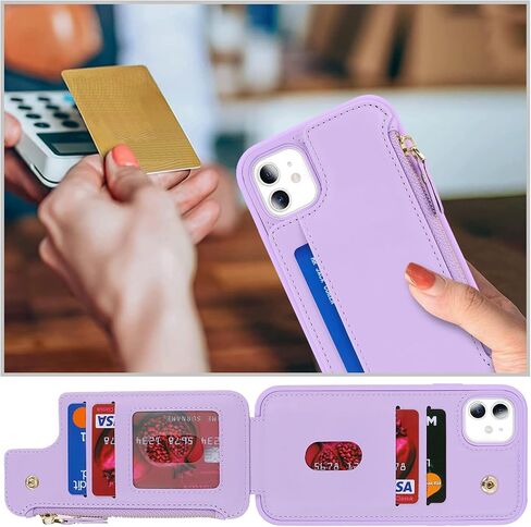 حافظة Cavor لهاتف iPhone 12 مع حامل بطاقة، حافظة محفظة iPhone 12 للنساء والرجال، حافظة هاتف iPhone 12 Pro مع محفظة، مشبك مغناطيسي جلدي بسحاب وفتحات لبطاقات الجيب - أرجواني in Kuwait