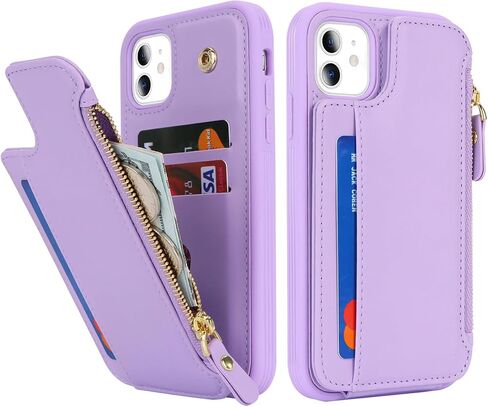 حافظة Cavor لهاتف iPhone 12 مع حامل بطاقة، حافظة محفظة iPhone 12 للنساء والرجال، حافظة هاتف iPhone 12 Pro مع محفظة، مشبك مغناطيسي جلدي بسحاب وفتحات لبطاقات الجيب - أرجواني in Kuwait