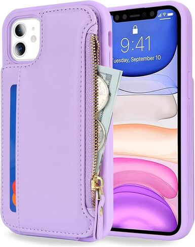 حافظة Cavor لهاتف iPhone 12 مع حامل بطاقة، حافظة محفظة iPhone 12 للنساء والرجال، حافظة هاتف iPhone 12 Pro مع محفظة، مشبك مغناطيسي جلدي بسحاب وفتحات لبطاقات الجيب - أرجواني in Kuwait
