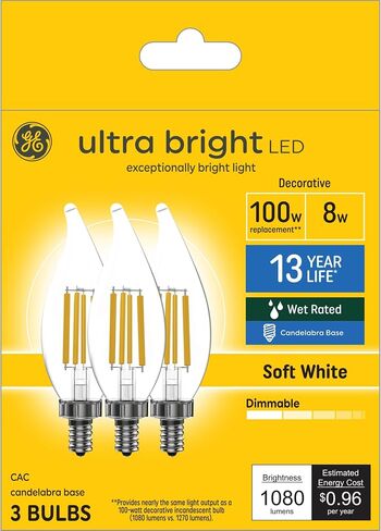 GE Ultra Bright LED Light Bulbs, 8W (1080 lumens), Soft White Candle Lights, Clear Decorative CA12 Light Bulbs, Medium Base (3 Pack) in Saudi Arabia