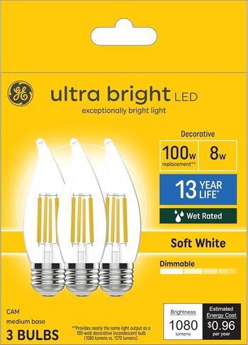 مصابيح إضاءة LED فائقة السطوع من GE، 100 وات، مصابيح شموع بيضاء ناعمة، مصابيح إضاءة CA12 مزخرفة شفافة، قاعدة شمعدان، عدد 3 (عبوة من قطعة واحدة) in Saudi Arabia