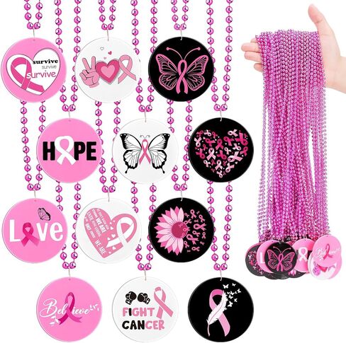 Breast Cancer Awareness Beaded Necklaces Pink Ribbon Bead Pendant Necklace Breast Cancer Decorations for Theme Party Costume Accessories in Saudi Arabia