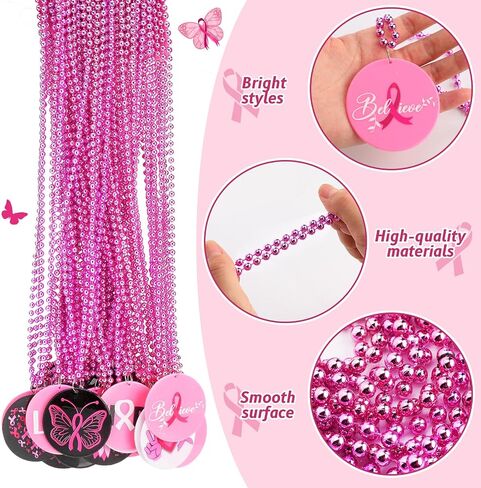 Breast Cancer Awareness Beaded Necklaces Pink Ribbon Bead Pendant Necklace Breast Cancer Decorations for Theme Party Costume Accessories in Saudi Arabia