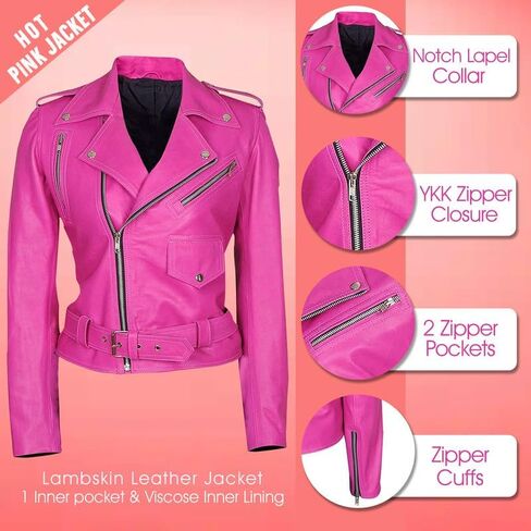 LP-FACON Womens Hot Pink Lambskin Real Leather Jacket - Motorcycle Style Brando Biker Genuine Leather Jacket in Saudi Arabia
