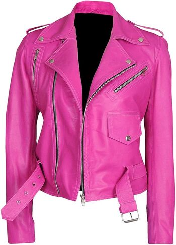 LP-FACON Womens Hot Pink Lambskin Real Leather Jacket - Motorcycle Style Brando Biker Genuine Leather Jacket in Saudi Arabia