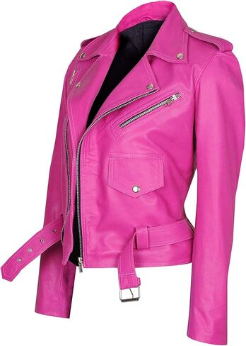 LP-FACON Womens Hot Pink Lambskin Real Leather Jacket - Motorcycle Style Brando Biker Genuine Leather Jacket in Saudi Arabia