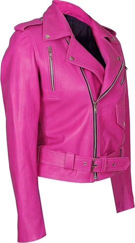LP-FACON Womens Hot Pink Lambskin Real Leather Jacket - Motorcycle Style Brando Biker Genuine Leather Jacket in Saudi Arabia
