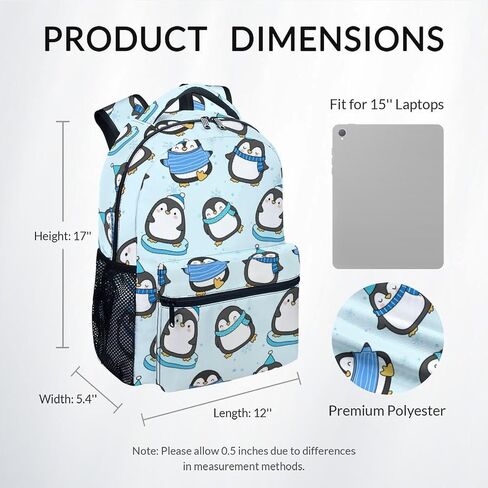 Kids School Backpack - 17 Inch Cute Penguin Bookbag for Girls - Durable Black School Bag for Elementary & Travel in Saudi Arabia