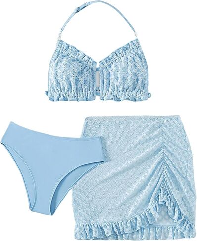 Girl's 3 Piece Bathing Suit Backless Frill Halter Swim Suits Bikini Sets with Ruched Swim Skirt Cover Up in Saudi Arabia