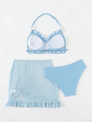 Girl's 3 Piece Bathing Suit Backless Frill Halter Swim Suits Bikini Sets with Ruched Swim Skirt Cover Up in Saudi Arabia