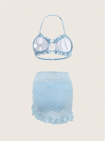 Girl's 3 Piece Bathing Suit Backless Frill Halter Swim Suits Bikini Sets with Ruched Swim Skirt Cover Up in Saudi Arabia