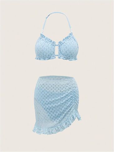 Girl's 3 Piece Bathing Suit Backless Frill Halter Swim Suits Bikini Sets with Ruched Swim Skirt Cover Up in Saudi Arabia