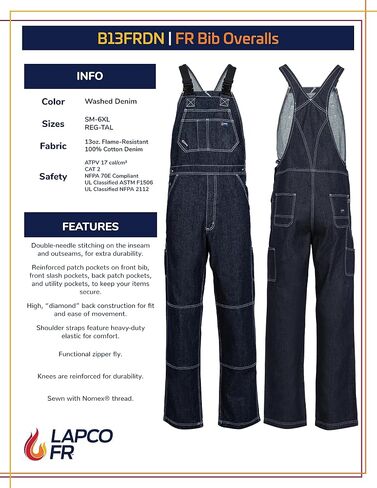 Lapco FR Bib Overalls for Men, Flame Resistant Jean Coveralls w/Adjustable Elastic Straps, HRC 2, NFPA 70E, B13FRDN in Saudi Arabia