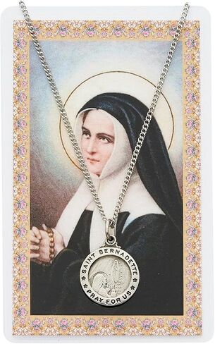 Catholic Necklace, Pewter Silver Round St. Bernadette Medal & 18" Chain, Prayer Card Set. Religious, Patron Saint. Catholic Saint Bernadette Patron Saint of Against Bodily Ills, Shepherds in Saudi Arabia