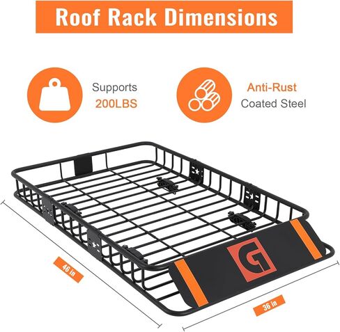 سلة حامل سقف مقاس 46 بوصة × 36 بوصة × 5 بوصة، حامل بضائع مع ملحق حامل أمتعة علوي للسيارة باللون الأسود، 200 رطل للخدمة الشاقة، سلة حامل لسيارات الدفع الرباعي أو الشاحنات أو المركبات الترفيهية للتخييم من الصلب in Kuwait