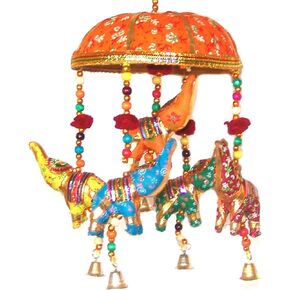 Indian Traditional Elephant Orange Umbrella Hanging Layer of Five Elephant Door roof Hanging, Decorative Ornament Festival Party décor