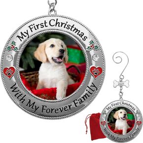 My First Christmas Dog Ornament - Dated 2024 Bone Charm with Red Heart and Paw Print Designs - New Pet Owner - Gift/Storage Bag Included