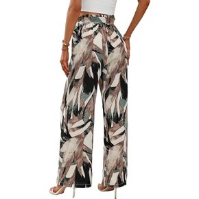 Floerns Women's Boho Allover Print Elastic Waist Belted Wide Leg Pants