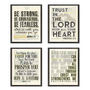 Joshua 1:9, Proverbs 3:5, Jeremiah 29:11, Philippians 4:13 Christian Art Prints, Set of 4, Unframed, Bible Verse Scripture Wall Decor Poster, 8x10 Inches