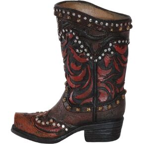 Rustic Decorative Western Cowboy Boot Pencil Pen Holder Vase Caddy Office Decoration (Red and Black)