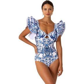 FLAXMAKER Ruffle Blue and White Porcelain Pattern Majolica Print One Piece Swimsuit and Skirt/Sarong