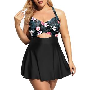 Tempt Me Women Plus Size One Piece Swimdress Cutout Swimsuit with Skirt V Neck Wrap Bathing Suits