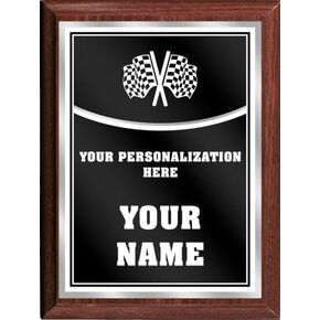 Crown Awards Racing Personalized Plaque Award, 6x8 Color Printed Metal Plate with Custom Engraving, Black with White Plaque On Wood Finish Prime