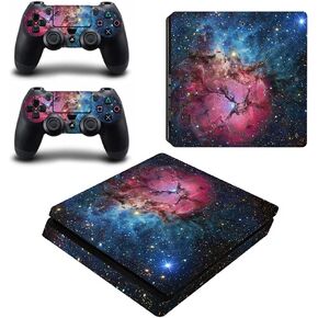 Vinyl Skin for PS4 Slim Console & Controllers Only, Sticker Decorate and Protect Equipment Surface, Red Blue Nebula