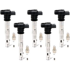 5PCS UF575 Ignition Coils Pack & Iridium Spark Plugs Compatible with Audi A3 2004-2013, A4 2005-2016&Volkswagen Jetta 2005-2015, Tiguan 2009-2017 2.0L 2.5L