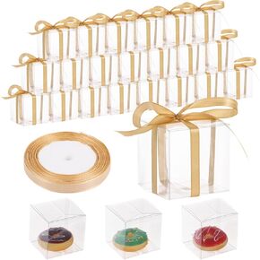 BATTIPAW 50 Pcs Clear Favor Boxes, 2.76×2.76×2.76" Party Gift Boxes with Gift Ribbon, Small Transparent Treat Boxes, Plastic Cube Boxes for Macaron, Cupcake, Candy, Packing Boxes for Wedding, Party in Kuwait