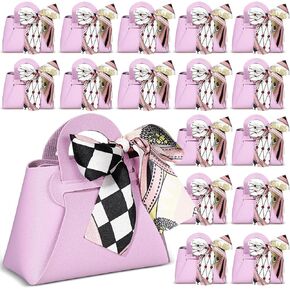 Abbylike 18 Pcs PU Leather Wedding Candy Bags with Ribbon Candy Bag with Handle Party Favor Bags Purse Party Favor Bags for Wedding Baby Showers Birthday(Pink)